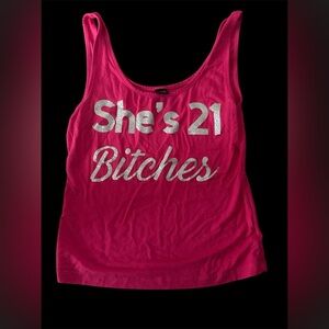 Shein pink tank top silver glitter lettering 21st bday 
(🤑 Get 5 items for $20)